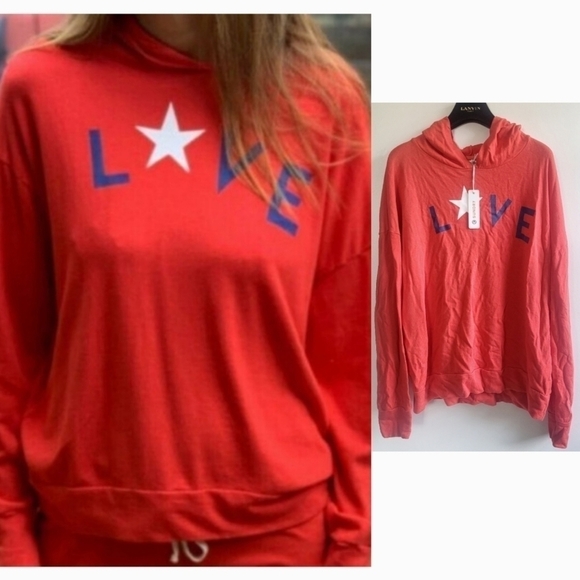 New Sundry Anthro Love Star Print Red Hoodie Pullover Sweatshirt NWT 2/Medium - Picture 1 of 10